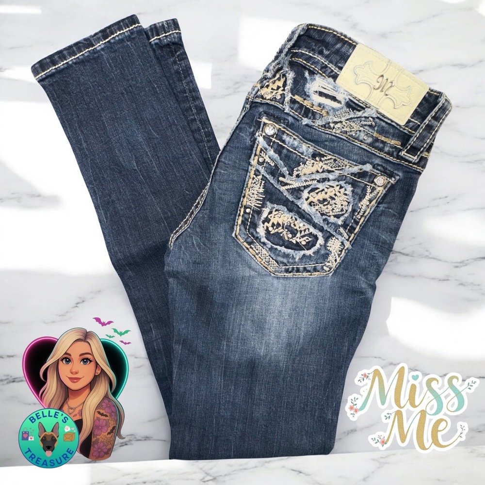 Miss Me Jeans Women's 25 Skinny Floral Rhinestone Embellished Coquette 27x30‎